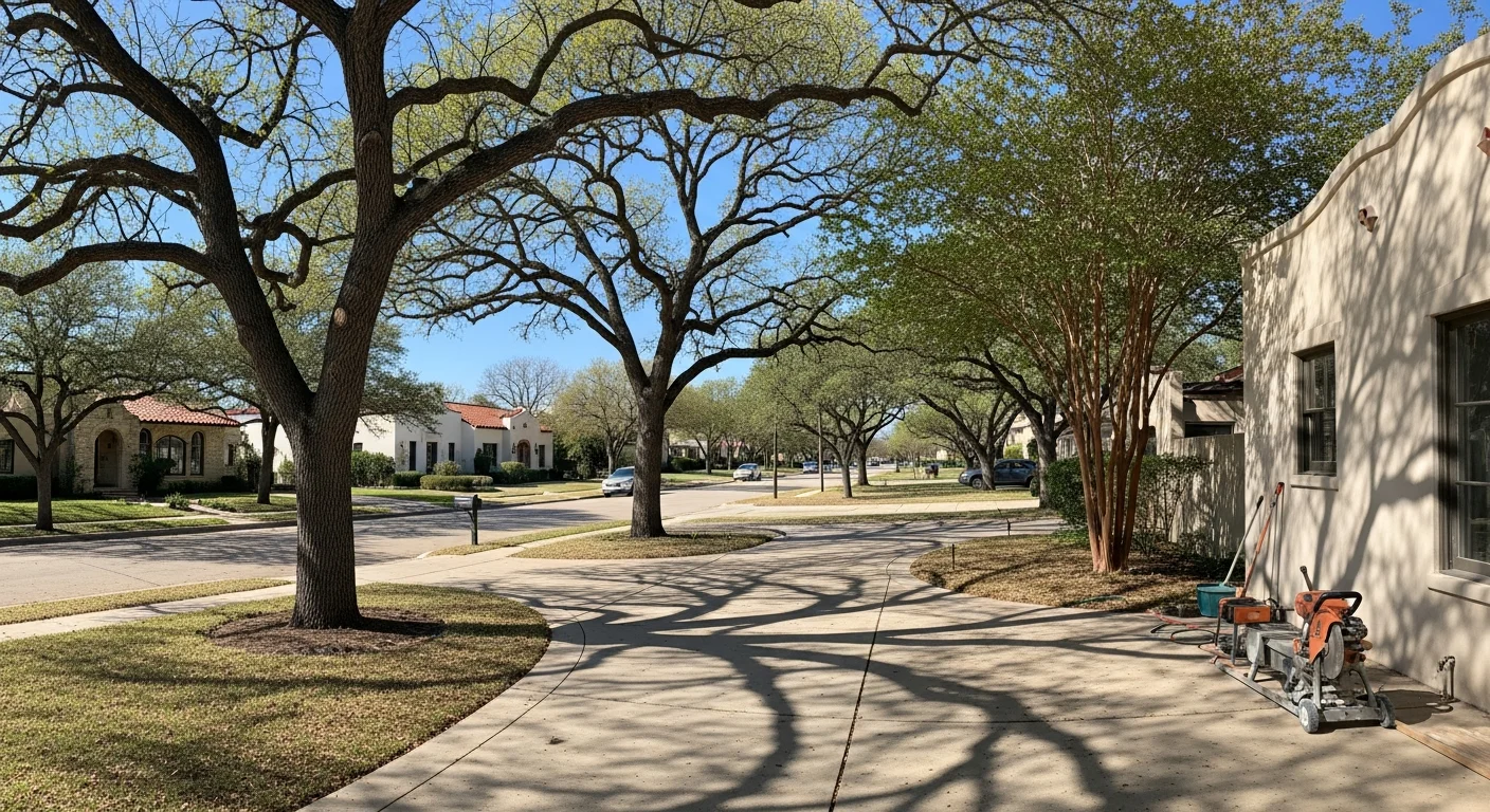 San Antonio residential street with mature trees and mixed-style homes under clear blue sky.
