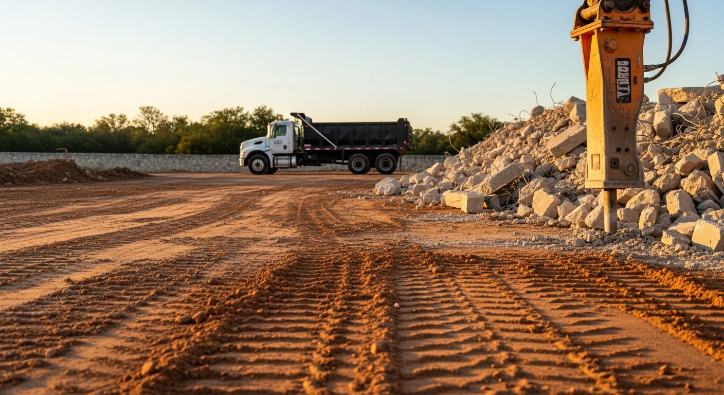 A cleared and rough-graded vacant lot in San Antonio with all vegetation, concrete, and debris removed. Heavy equipment tracks are visible in the exposed soil, and the surrounding area shows a mix of residential and commercial development.