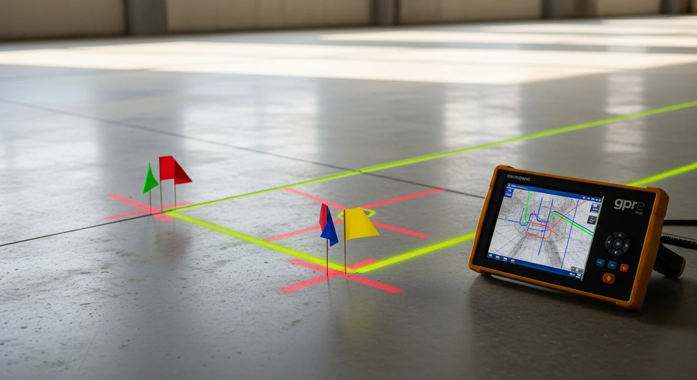 A concrete scanning technician running a GPR device across a concrete slab at a San Antonio commercial job site. Marked lines on the slab surface show the locations of detected rebar and conduits before saw cutting begins.