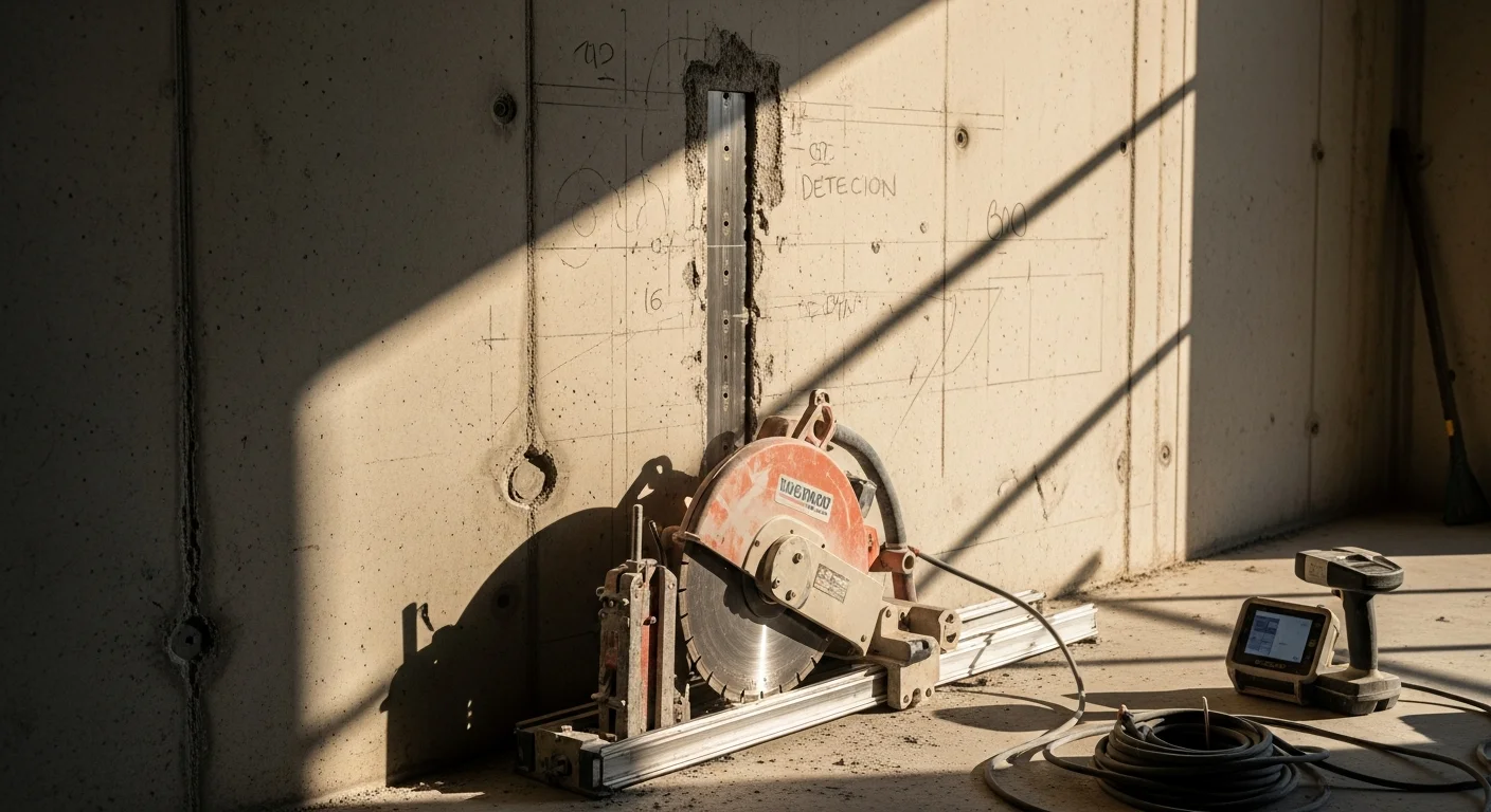 A concrete wall saw mounted on a rail system cutting a clean rectangular opening through a thick interior concrete wall at a San Antonio commercial building. The cut edges are straight and smooth, with the surrounding wall surface undamaged.