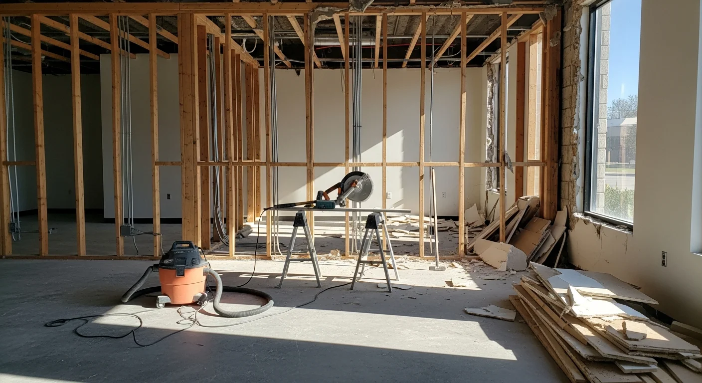 Interior demolition in progress inside a San Antonio commercial space, with walls stripped to the studs and flooring removed down to the concrete subfloor. The exterior shell remains intact while the gutted interior is cleared and ready for renovation.