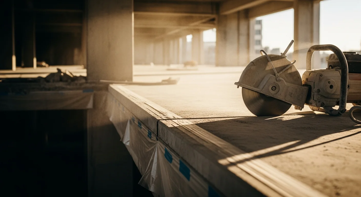 A San Antonio commercial interior mid-selective demolition, with a concrete wall section removed and surrounding framing and flooring left undisturbed. Concrete debris is staged near the work zone while adjacent finished surfaces remain intact.